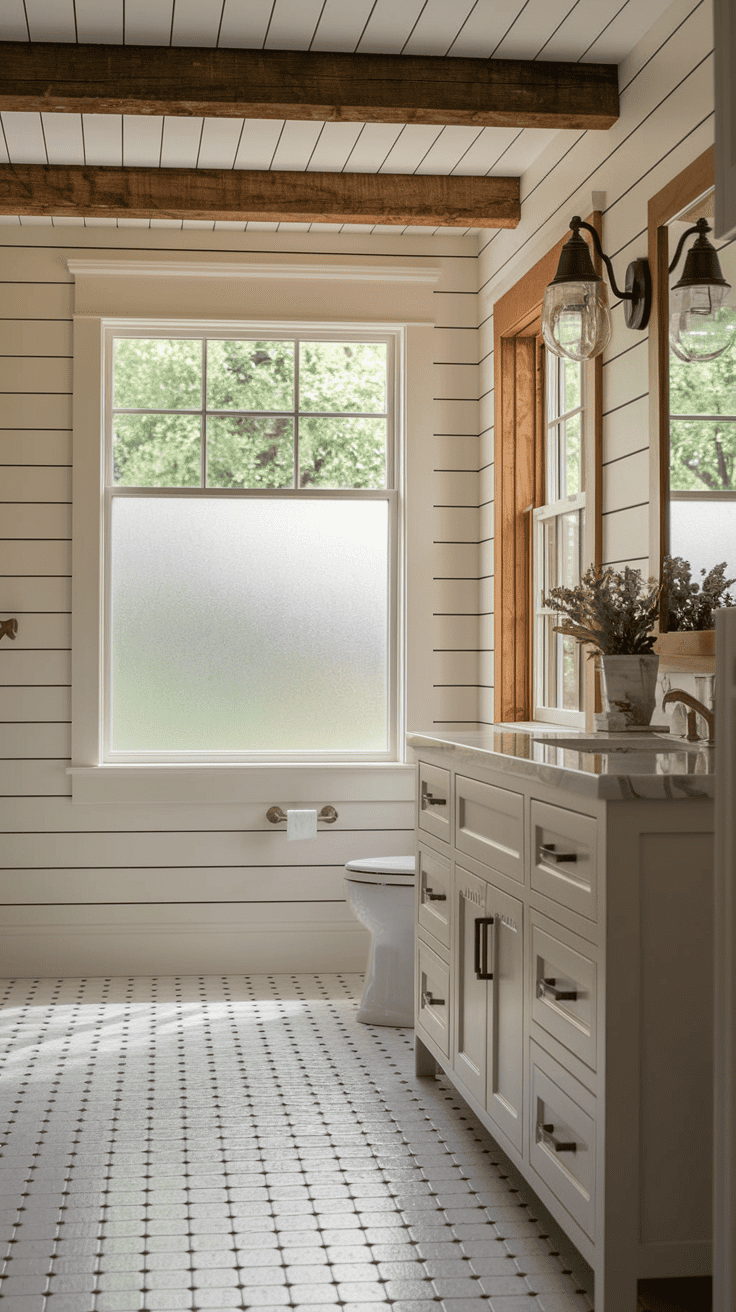 Farmhouse bathroom remodel on a budget showing dramatic before and after transformation with painted vanity, affordable fixtures, and DIY wall treatments completed for under $1,500