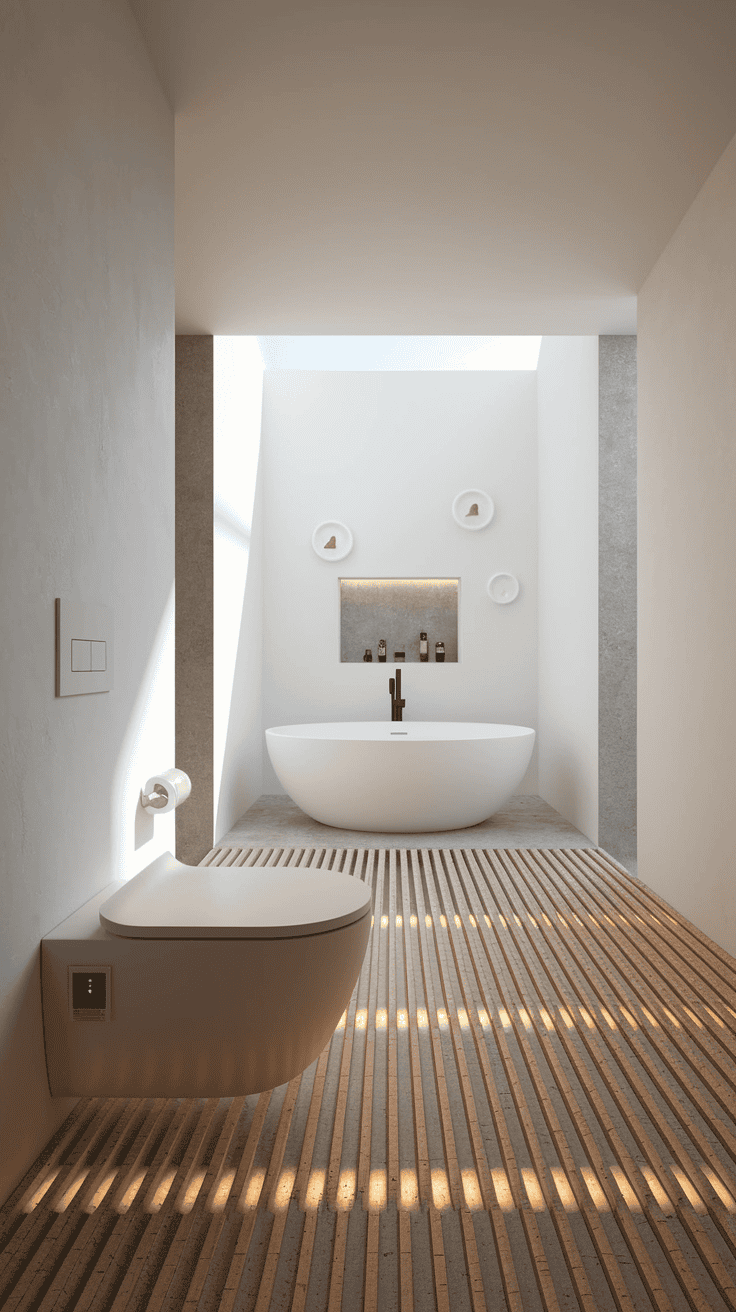 Contemporary Japanese bathroom seamlessly integrating modern technology with traditional design elements for a minimalist Japanese bathroom that balances innovation with tranquility