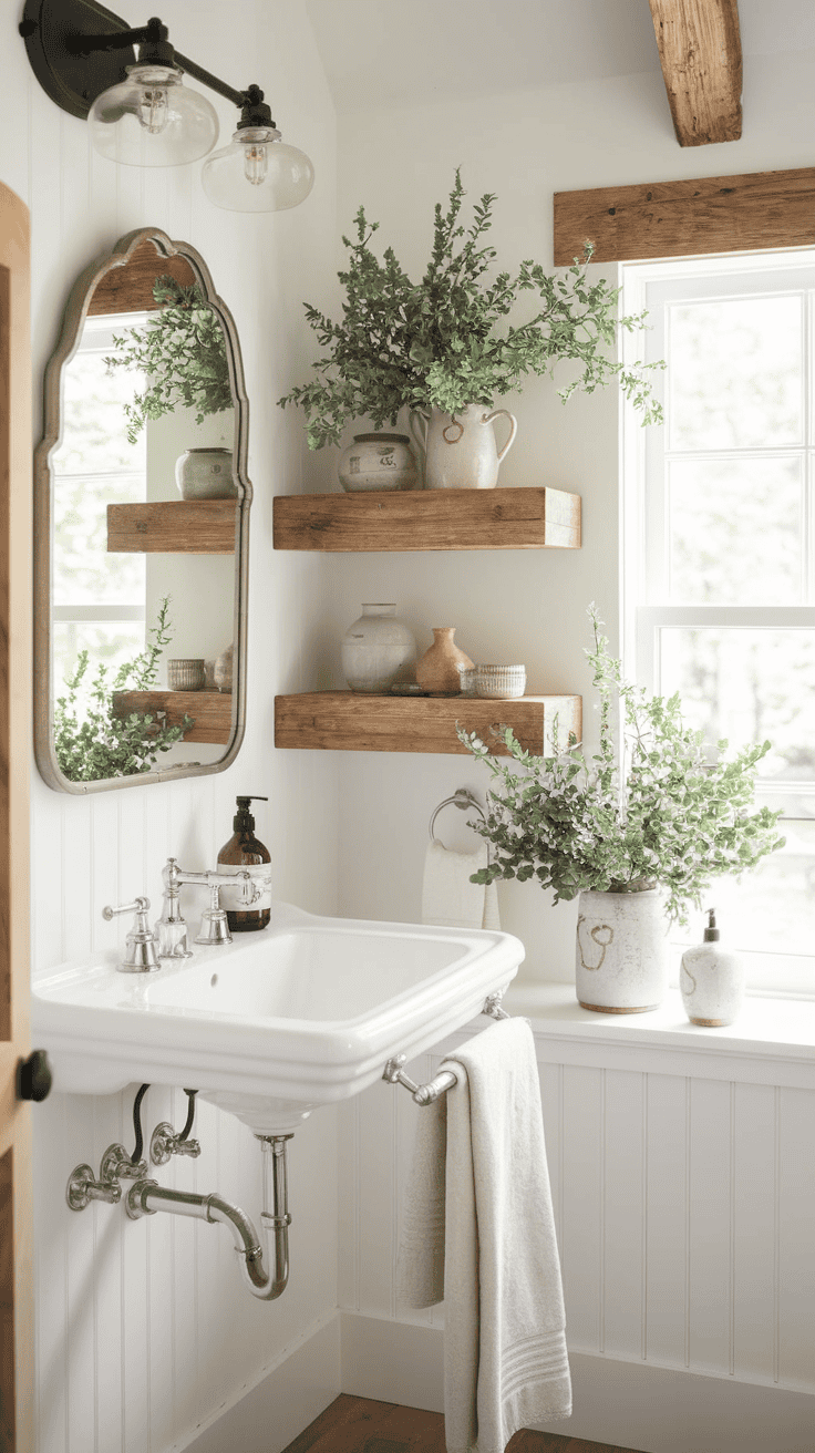 Remodeled bathrooms small ideas showcased in compact farmhouse space with wall-mounted sink, floating shelves, and strategic mirror placement that creates an illusion of more room