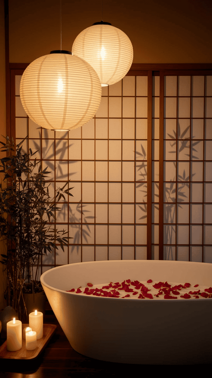 Atmospheric Japanese style bathroom illuminated by paper lantern lights creating a soft glow, with beautiful shadow play on shoji screens for a tranquil bathing environment
