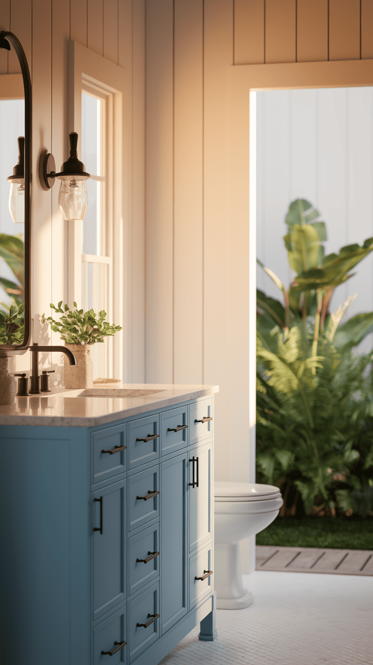 Modern farmhouse bathroom showcasing soft blue vanity against crisp white walls with black hardware accents, demonstrating beautiful color possibilities beyond all-white designs