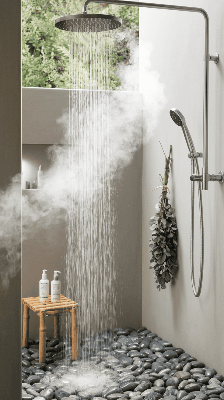 Modern Japanese style bathroom shower area with rainfall showerhead, natural pebble flooring, and bamboo accessories creating an authentic bathing experience