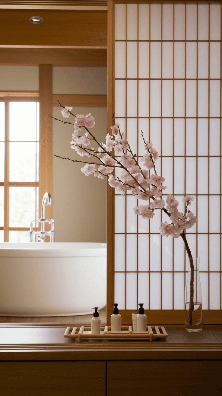 Modern Japanese style bathroom shower area with rainfall showerhead, natural pebble flooring, and bamboo accessories creating an authentic bathing experience