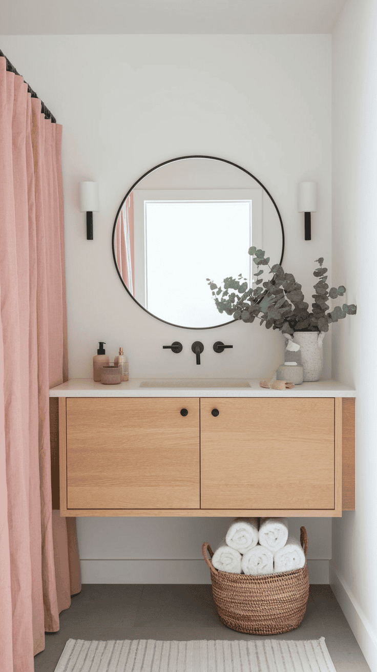 Elegant Japanese Scandinavian bathroom blending both design traditions with light wood elements, black accents, and soft textiles for a balanced, serene aesthetic