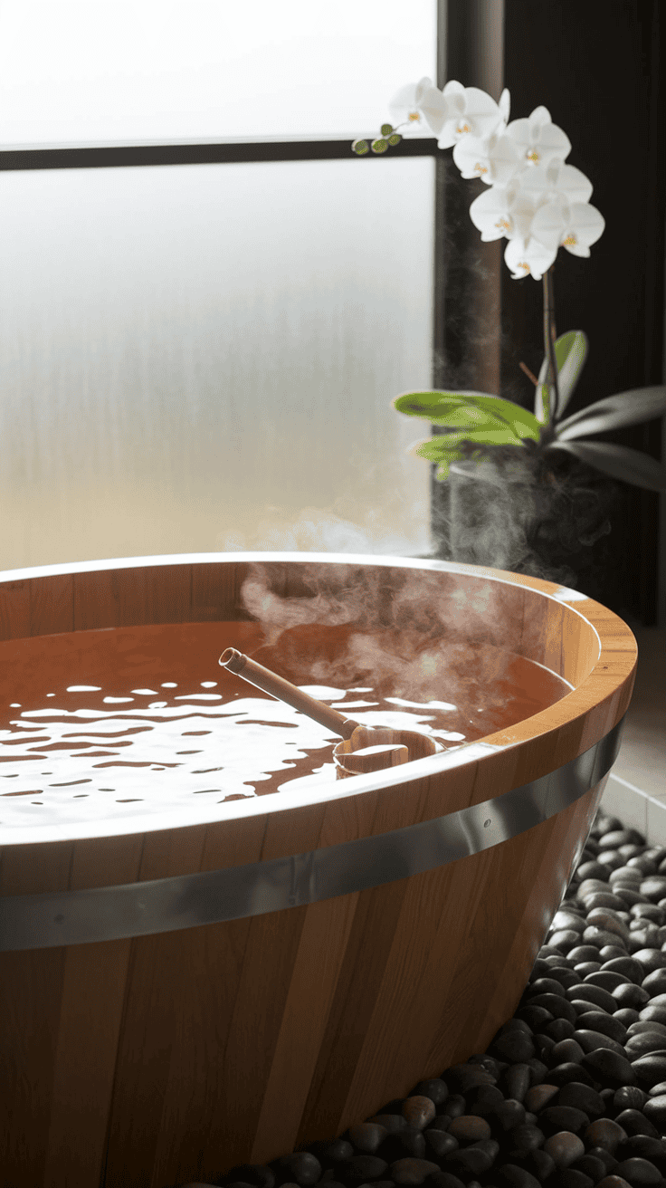 Peaceful Japanese style bathroom featuring a traditional hinoki wood Japanese soaking tub with steam rising, surrounded by smooth pebbles and essential bathing elements for a luxurious zen experience