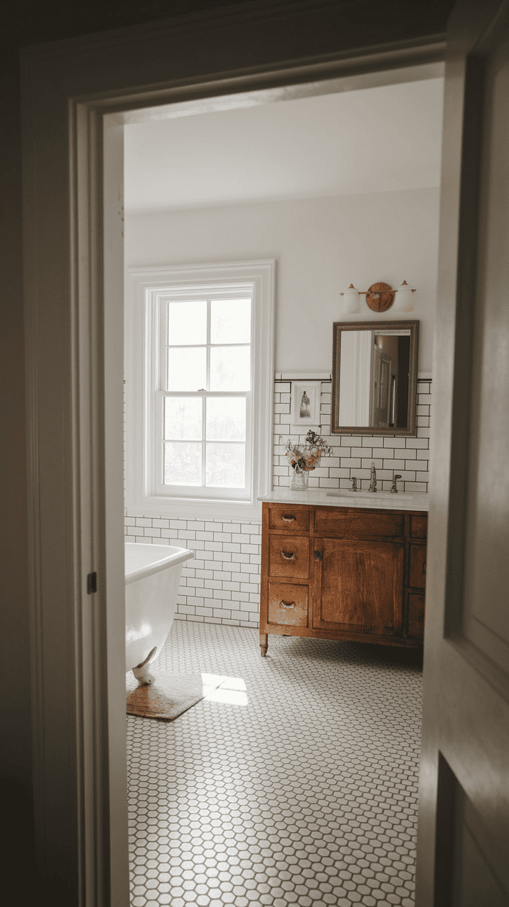 Farmhouse bathroom with classic hexagon white tile floor accented with black vintage pattern details, complemented by wooden vanity and white painted walls