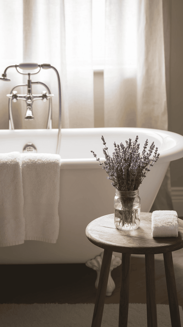 Master bath modern farmhouse bathroom featuring a white clawfoot tub positioned beneath a window with sheer curtains, wooden bath stool, and lavender in a mason jar for spa-like luxury