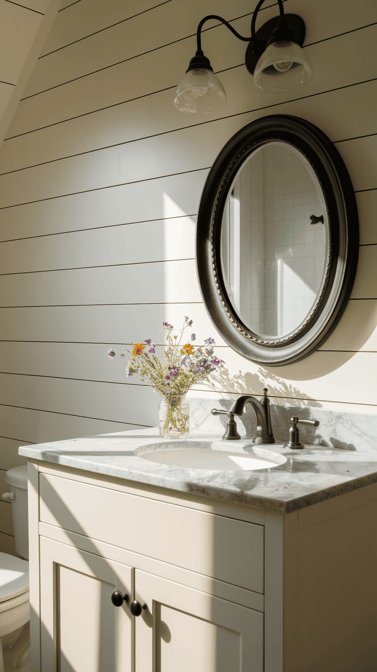 Bright bathrooms remodel farmhouse featuring white shiplap accent wall, vintage vanity with oval black-framed mirror, and fresh wildflowers adding a touch of color to the rustic space