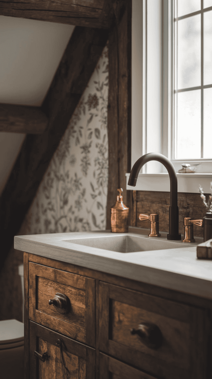 Curated farmhouse bathroom displaying harmonious mix of matte black faucet, brass cabinet hardware, and copper accessories for an elegant, collected-over-time aesthetic
