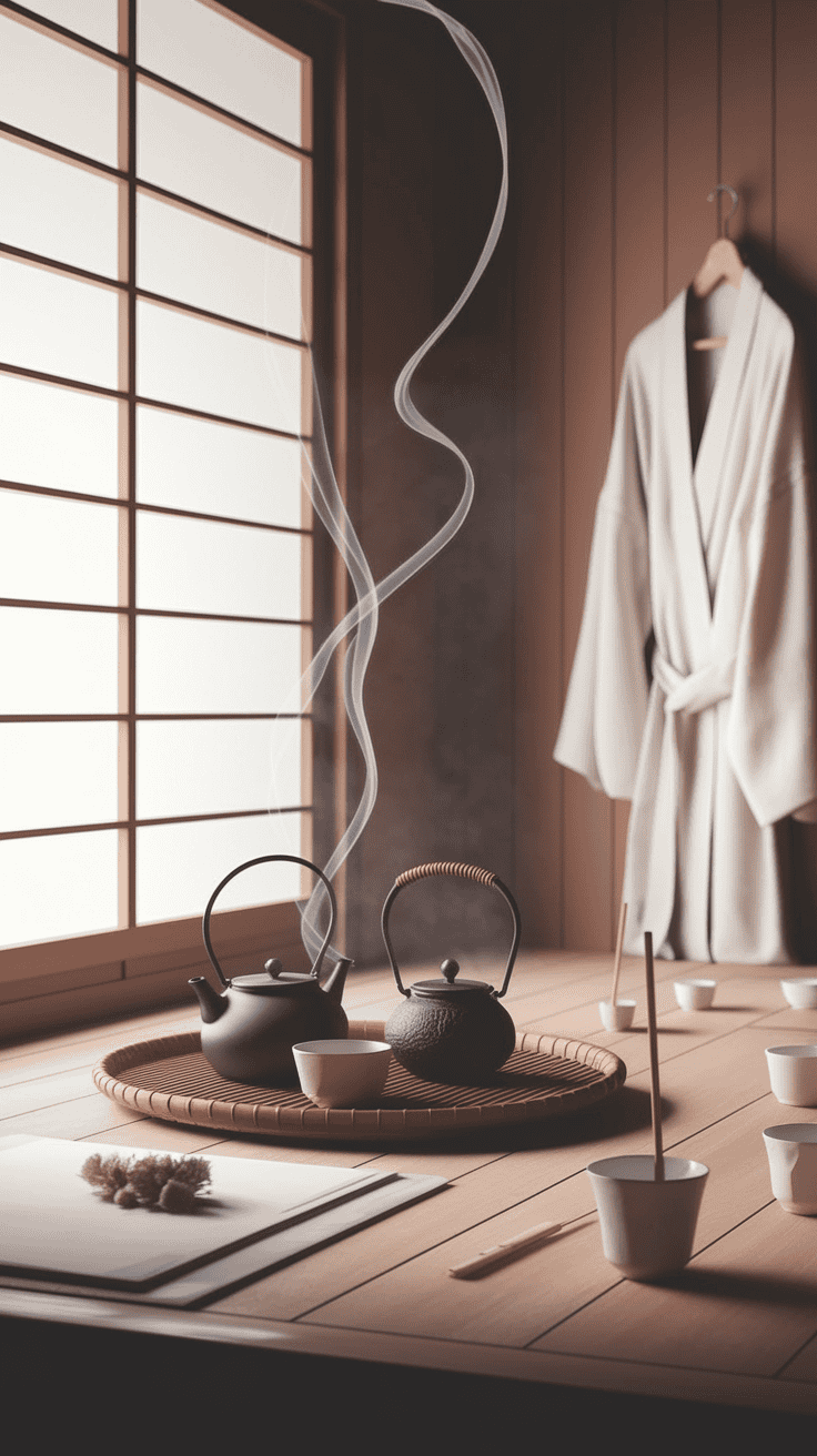Multi-sensory Japanese style bathroom featuring hinoki wood elements, a tea ceremony set, and incense that engages all senses for a complete zen bathroom retreat