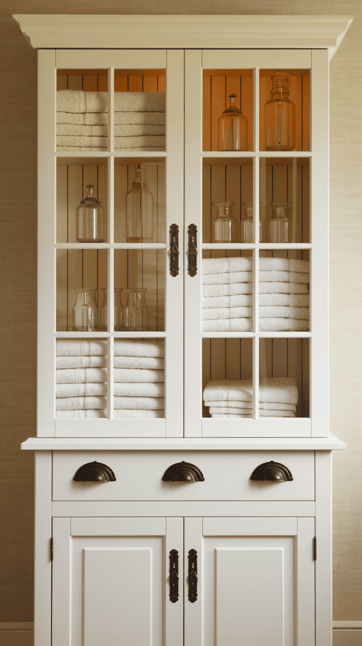 Bathroom cabinet decor ideas displayed in white glass-front storage with neatly arranged towels and apothecary jars, enhanced by vintage-inspired black hardware for rustic charm