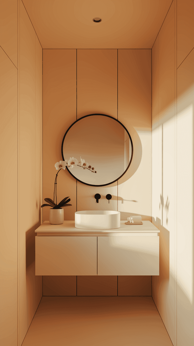 Clean and elegant minimalist Japanese bathroom with floating vanity, simple round mirror, and thoughtful design elements that create a serene atmosphere while maintaining functionality