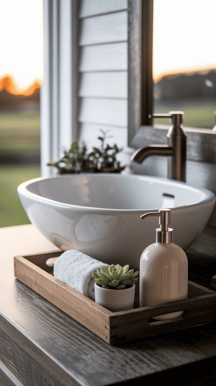 Farmhouse bathroom sink decor featuring vessel sink on wooden vanity with curated wooden tray holding ceramic soap dispenser, neatly folded hand towel, and small succulent plant