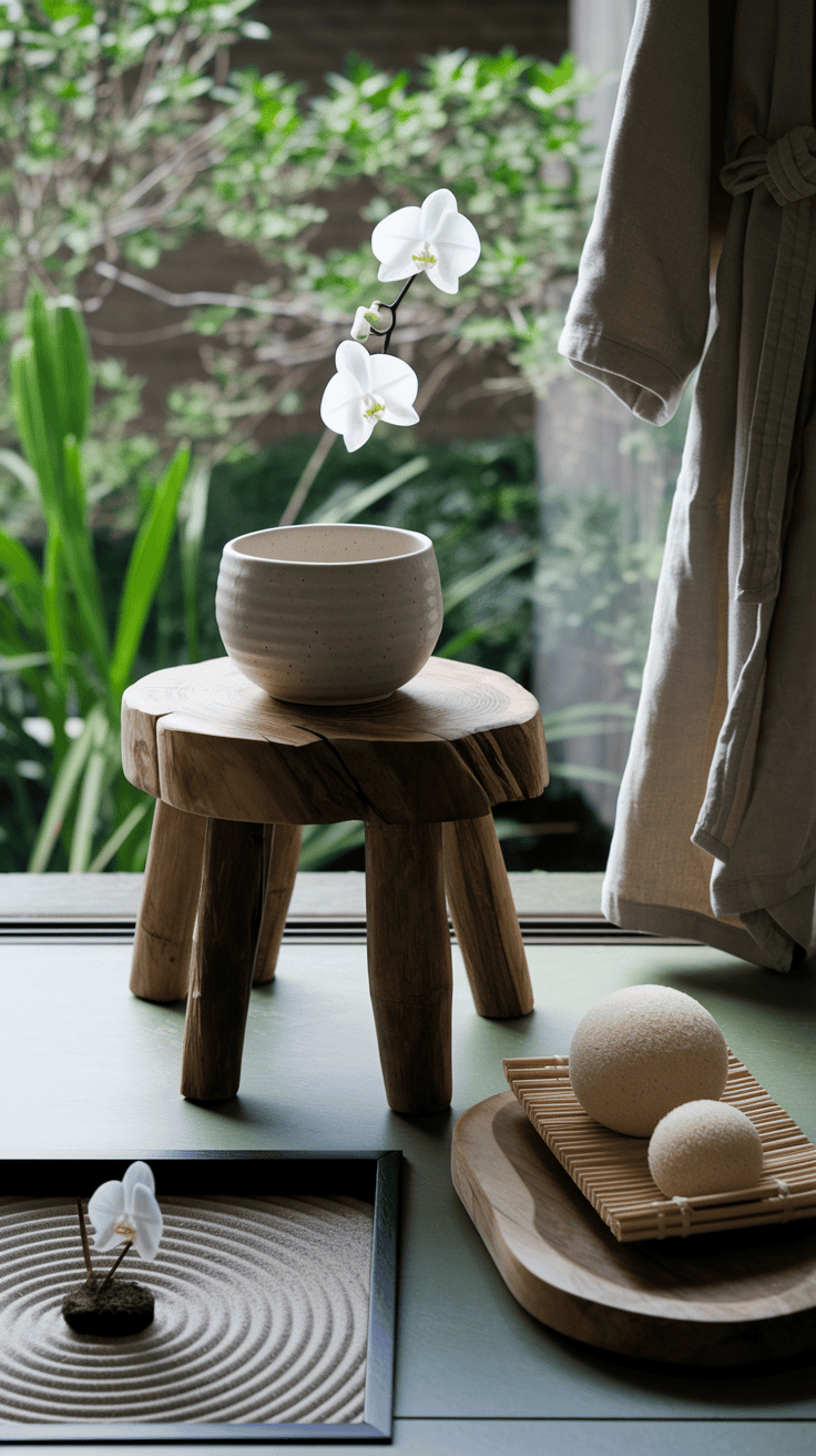 Traditional Japanese bathing ritual station featuring a handcrafted washing bowl, wooden stool, and zen garden elements that honor the mindful approach to Japanese bathroom design