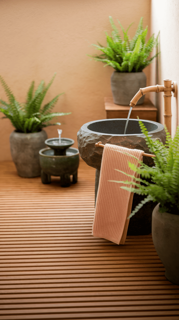 Japanese bathroom design showcasing natural materials including cedar wood flooring, stone basin, and bamboo accents that bring the calming essence of nature indoors