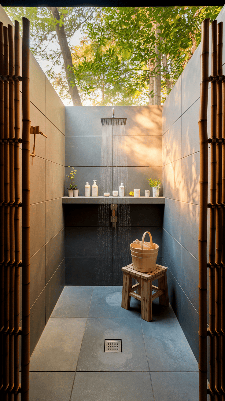Open concept Japanese style bathroom designed as a wet room with seamless stone flooring, rainfall shower, and wooden bathing stool that embodies zen bathroom ideas
