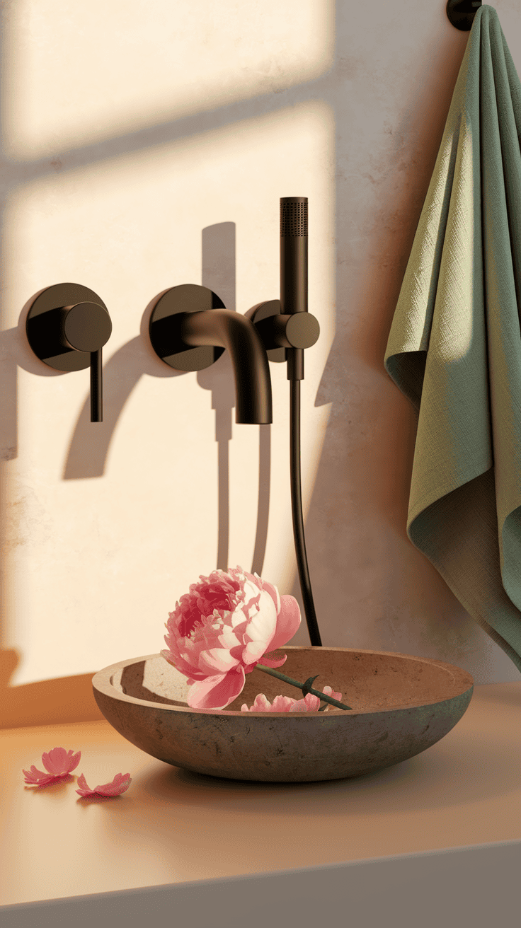 Zen bathroom color palette showcasing the restrained Japanese bathroom design approach with warm whites, natural wood tones, and thoughtful green accents for visual harmony