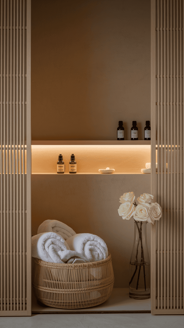 Clever storage solutions in a minimalist Japanese bathroom with hidden compartments, floating shelves, and bamboo organizational elements that maintain clean, uncluttered spaces