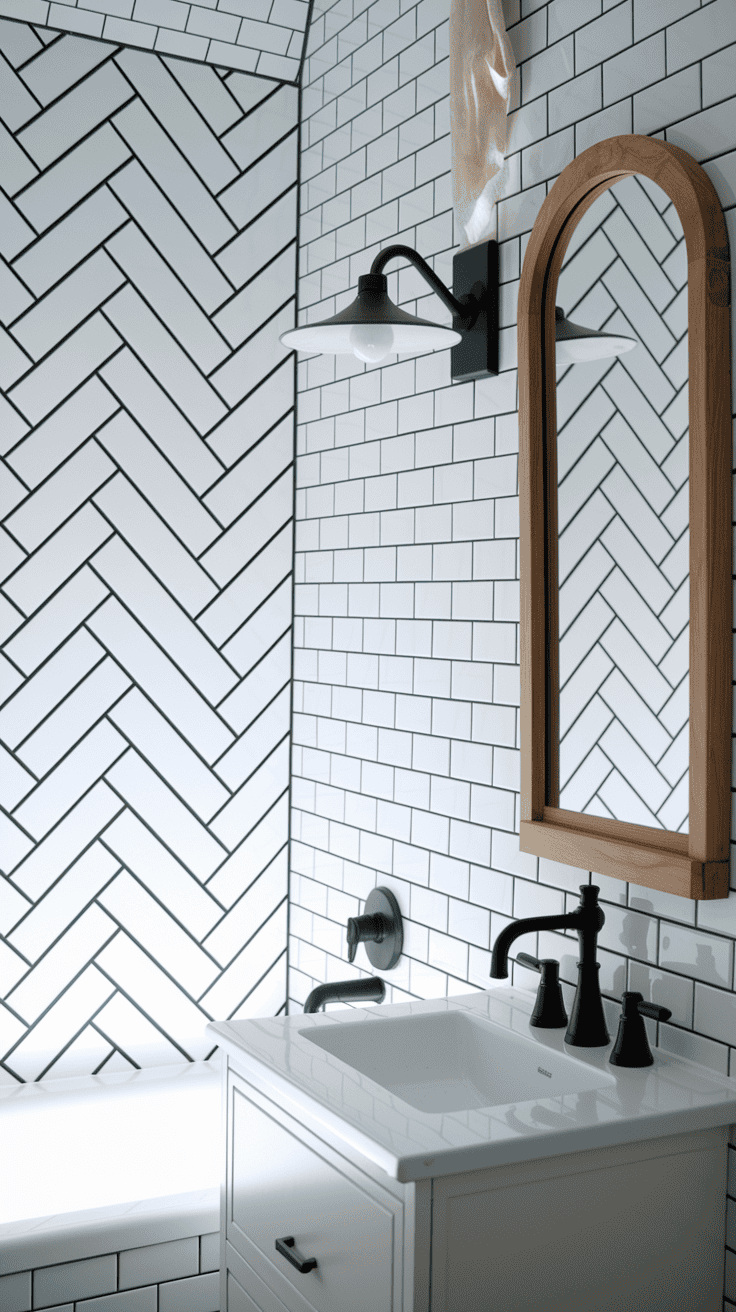 Farmhouse bathroom featuring white subway tile laid in herringbone pattern with contrasting dark grout, matte black fixtures, and wooden-framed mirror adding warmth and texture
