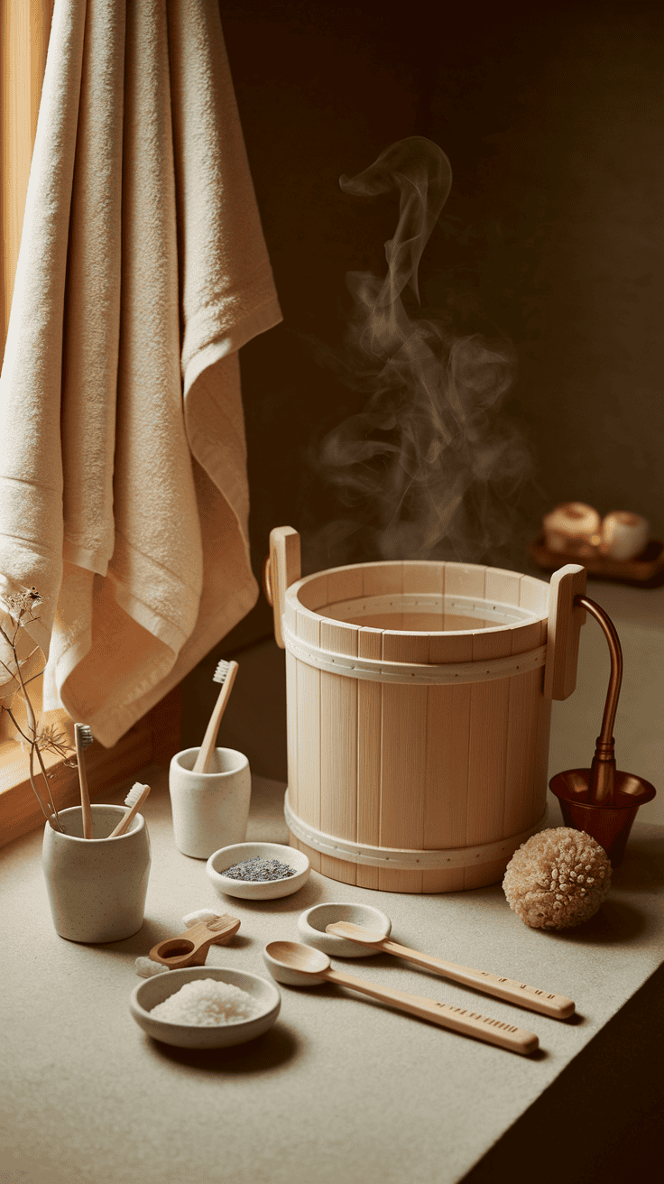 Curated Japanese bathroom accessories including a traditional wooden bath bucket, bamboo elements, and ceramic containers that enhance the authentic Japanese bathing experience