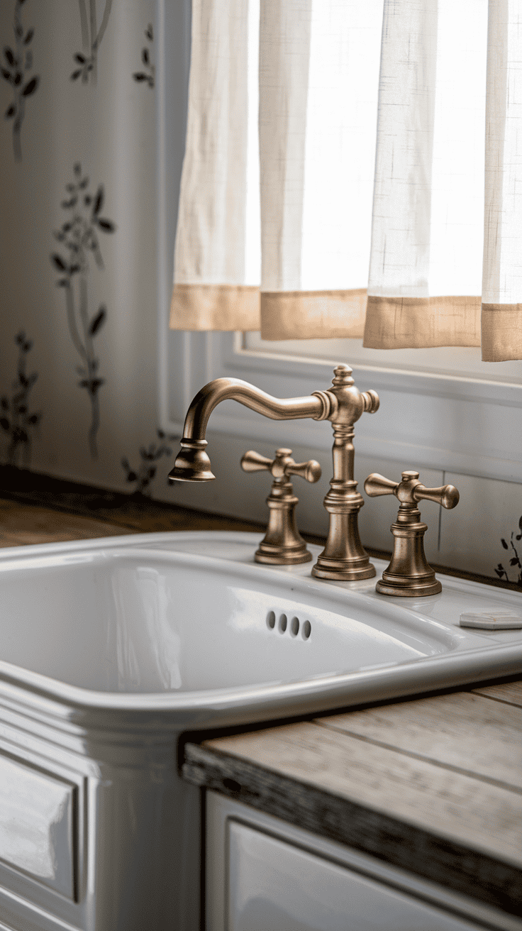 Close-up of authentic farmhouse bathroom sink decor with brushed brass bridge faucet and cross handles on white porcelain sink, bathed in natural light for a warm, inviting atmosphere