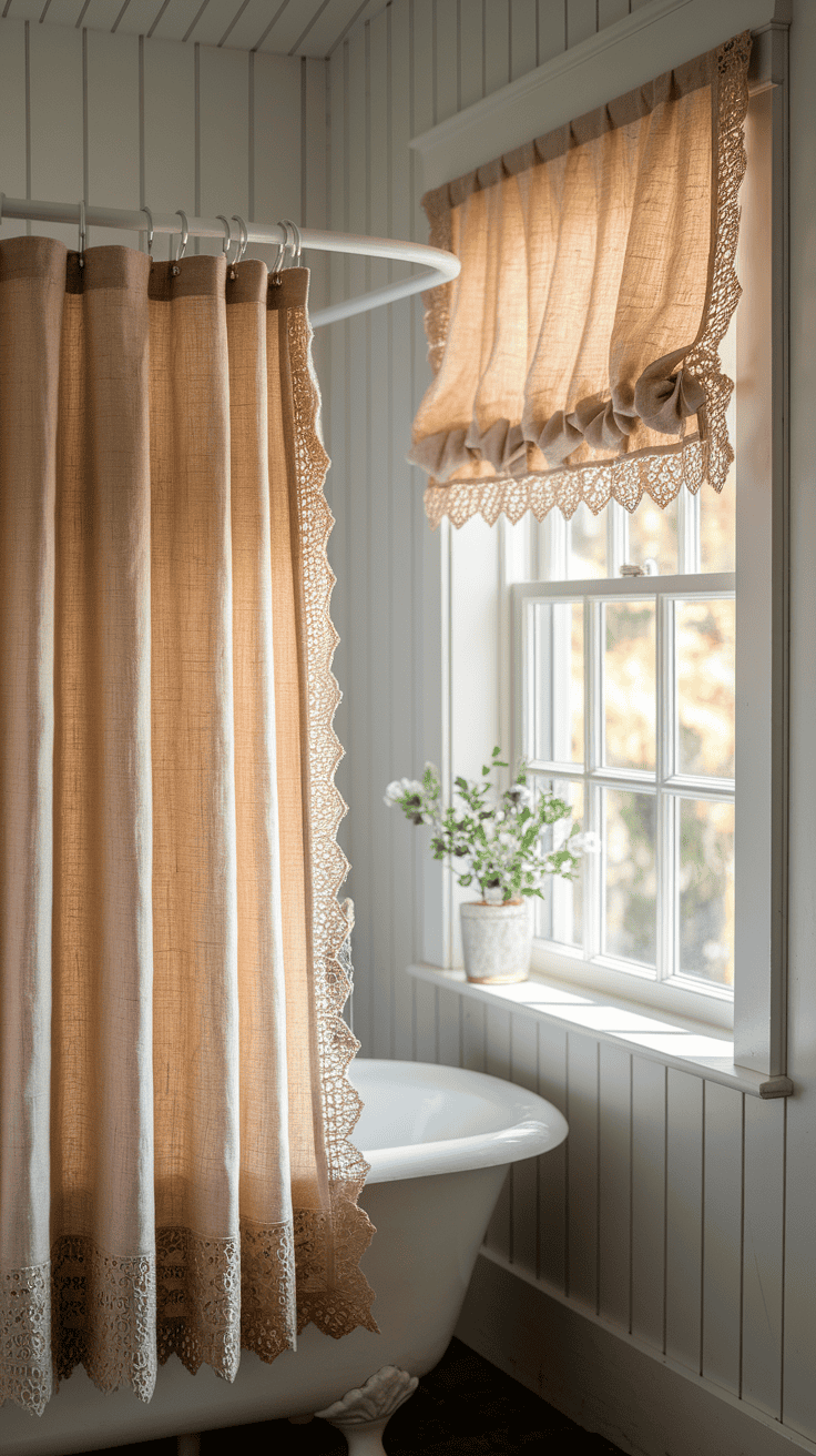 Bathroom curtain ideas showcasing natural linen shower curtain with vintage lace detailing in a bright white farmhouse bathroom with coordinating window treatment