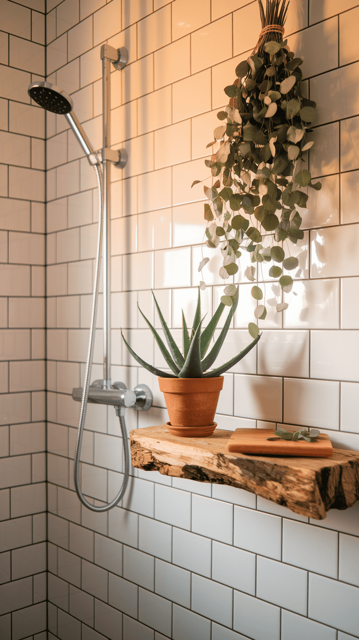 Farmhouse bathroom featuring natural elements including potted aloe plant, hanging eucalyptus bundle, and wooden accessories that bring organic warmth to the white tiled space