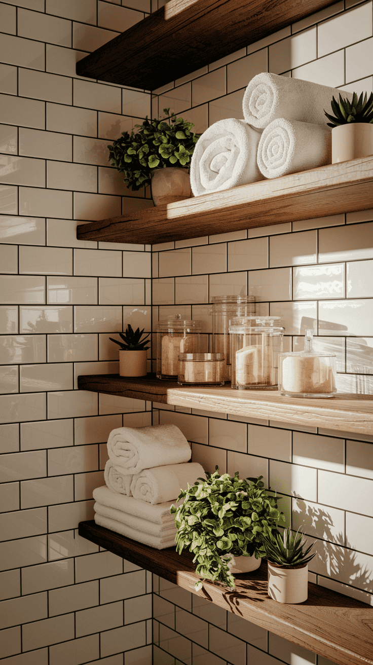 Fresh bathroom design with rustic wooden open shelves displaying perfectly rolled white towels, glass storage containers, and small plants against crisp white subway tile backdrop