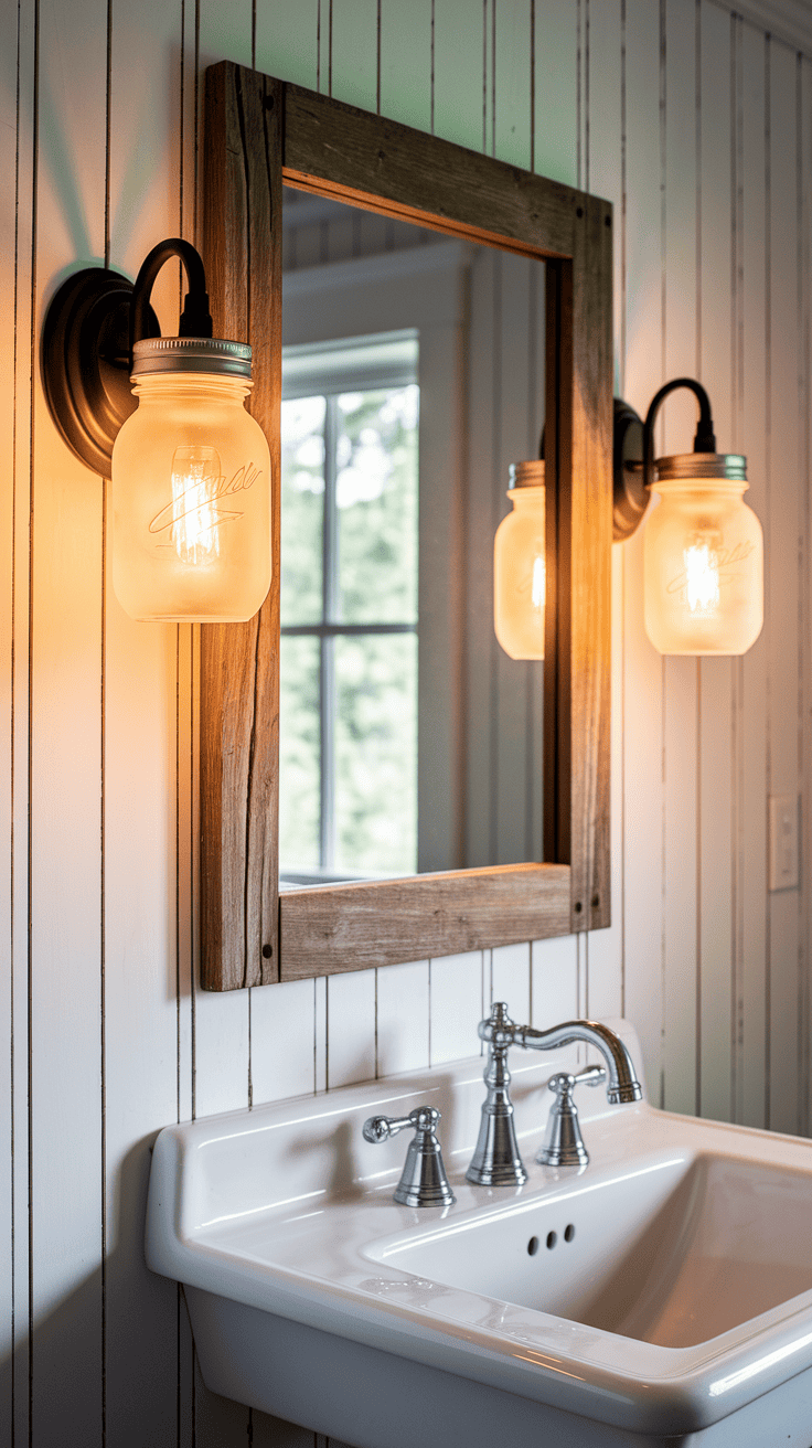 Farmhouse bathroom lighting with charming mason jar wall sconces flanking a wooden mirror, creating perfect ambient lighting above a classic farmhouse sink