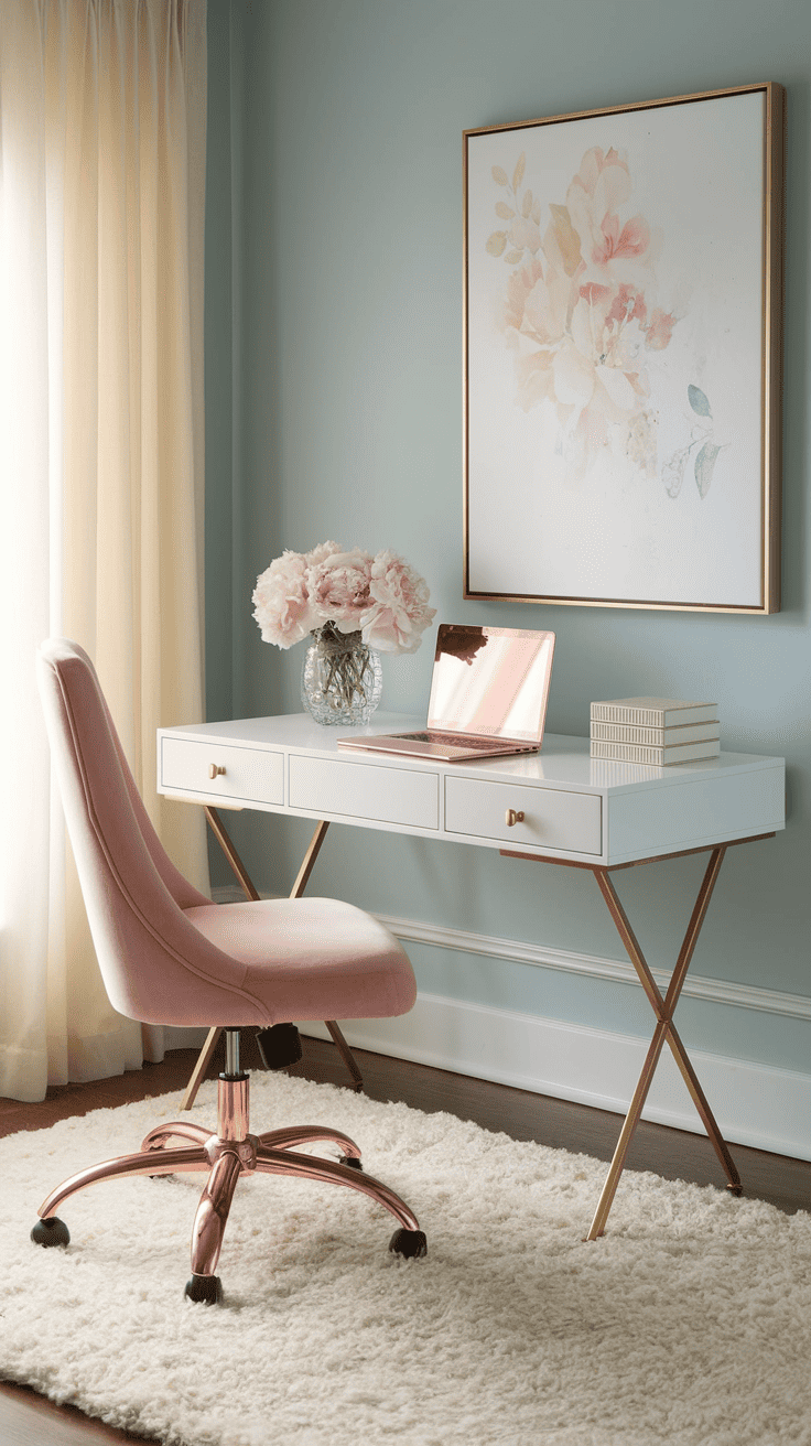 Small home office with soft blue walls and white desk featuring rose gold accents. A blush pink ergonomic chair, watercolor art, and fresh peonies create a calming feminine workspace bathed in natural light filtered through sheer curtains