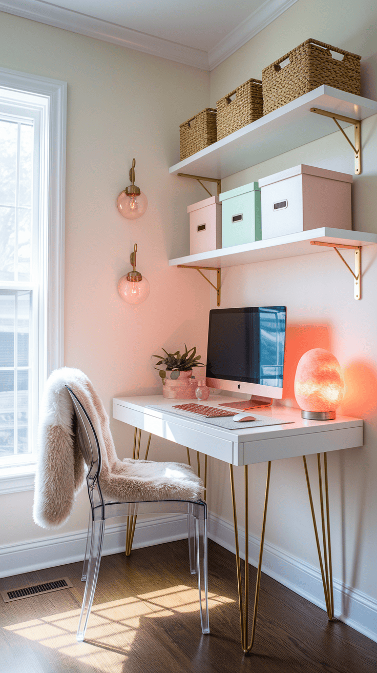 Compact feminine home office with floating white desk, acrylic wall shelves, and stylish storage in blush and mint. Features rose gold monitor, Himalayan salt lamp, and ghost chair with faux fur throw, maximizing style in a small space