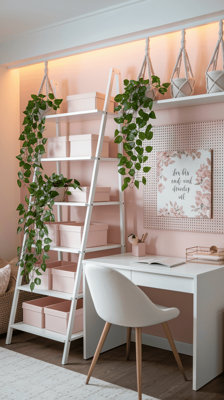 Small home office with white and gold ladder shelving system and minimal desk. Features pastel storage boxes, blush pegboard with gold accessories, and hanging plants in macramé holders, demonstrating elegant vertical storage solutions