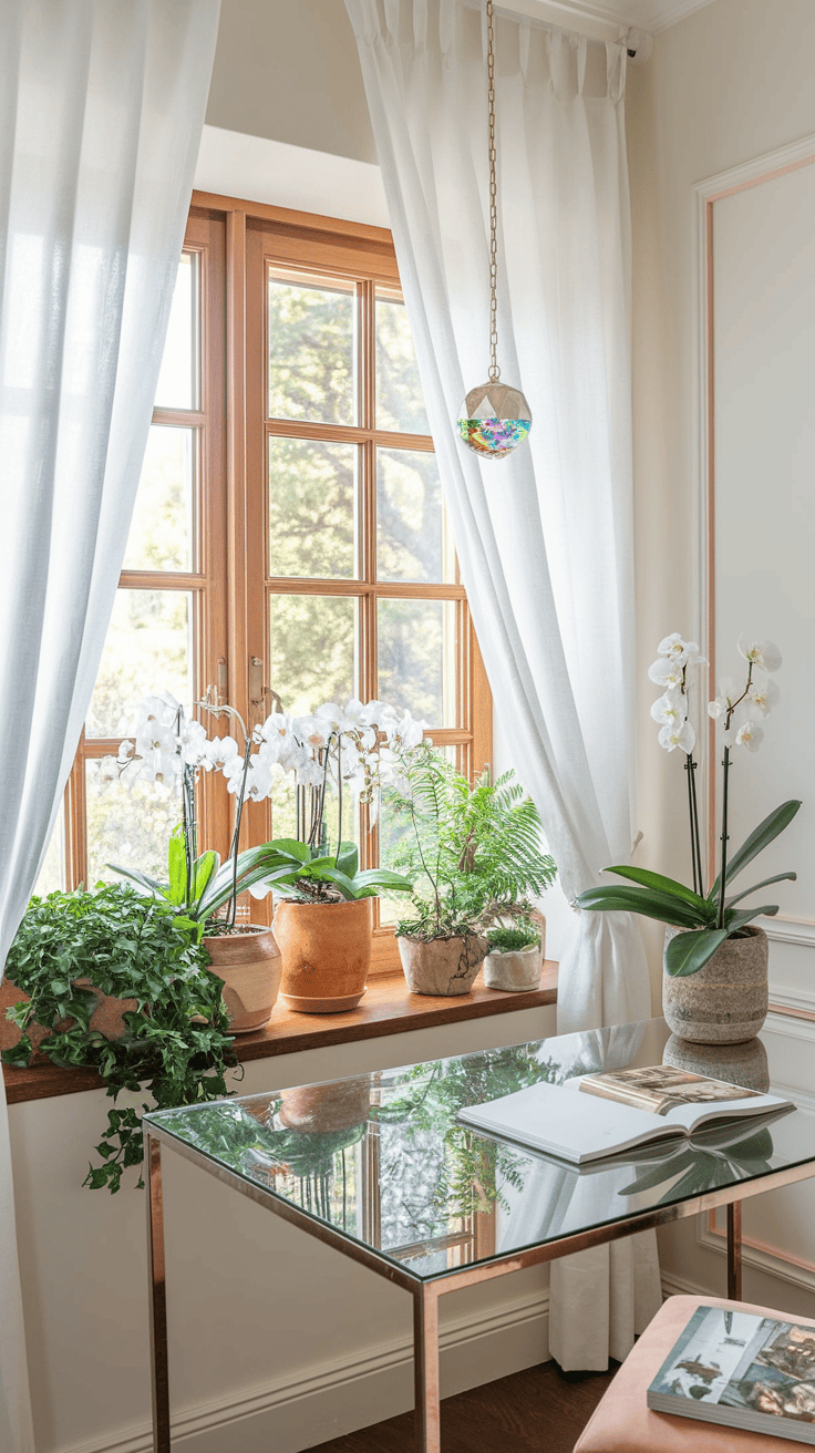 Bright home office by window with sheer curtains, glass desk, and collection of plants. Natural light fills the space with white and blush walls, while a strategically placed mirror amplifies light, creating an airy workspace
