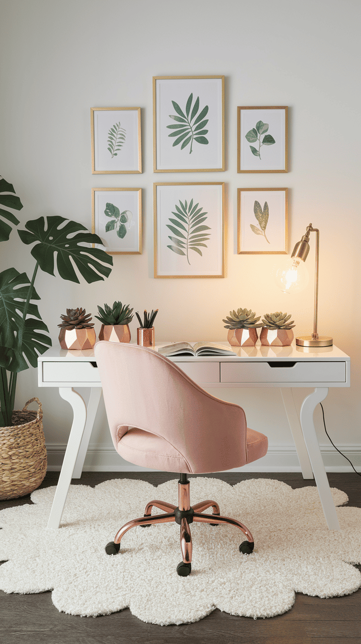 Stylish small home office with white desk, blush ergonomic chair, and botanical prints in gold frames. Features monstera plant in woven basket, succulents in rose gold planters, and brass task lamp for a functional feminine workspace