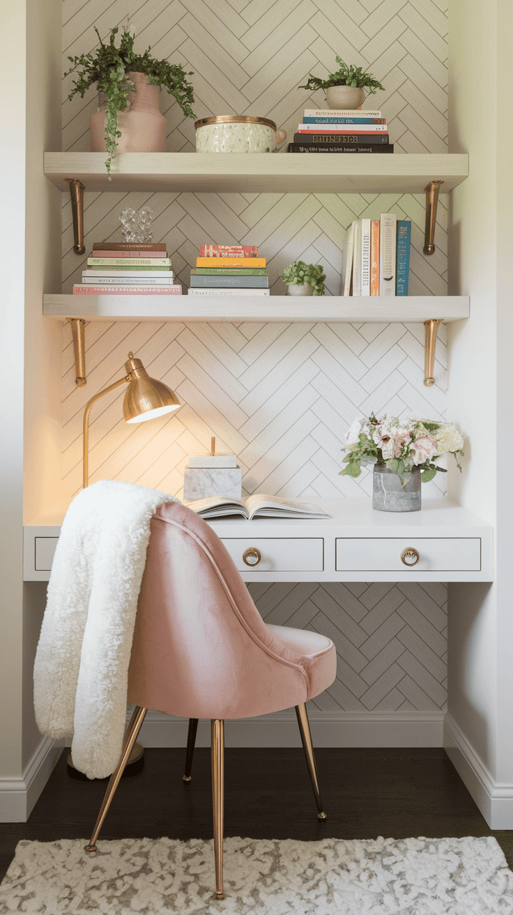 Cozy home office with blush velvet chair and white desk with gold hardware. White floating shelves display storage boxes and trailing plants, with gold floor lamp, sheepskin throw, and feminine marble and crystal desk accessories