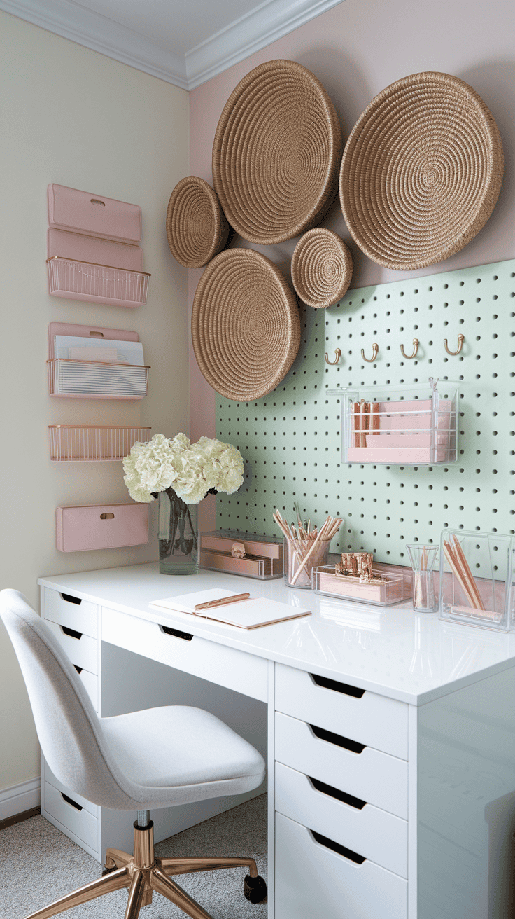 Organized small home office with white desk featuring hidden storage, acrylic organizers with rose gold stationery, and wall-mounted woven baskets. Soft mint pegboard with gold hooks and blush velvet storage ottoman create practical feminine space