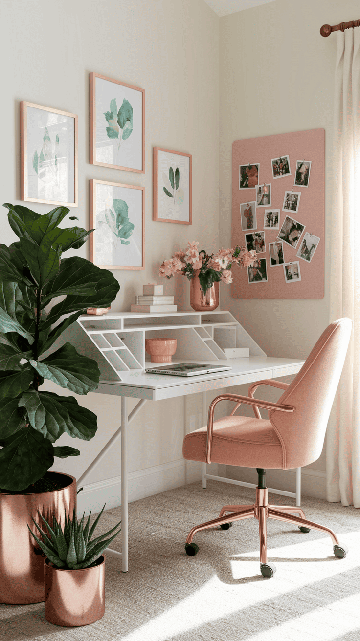 Versatile small office with expandable white desk, blush ergonomic chair, and various plants in rose gold containers. Features watercolor gallery wall in gold frames, inspiration pinboard, and soft textiles creating a flexible feminine workspace