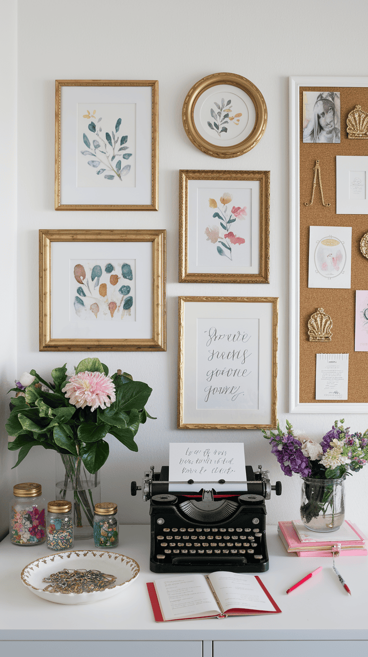 Personalized feminine office with gallery wall of family photos in gold frames, artwork, and botanical display. White desk holds vintage typewriter, heirloom dish, and meaningful décor, while plants and inspiration board create a personal motivating space.