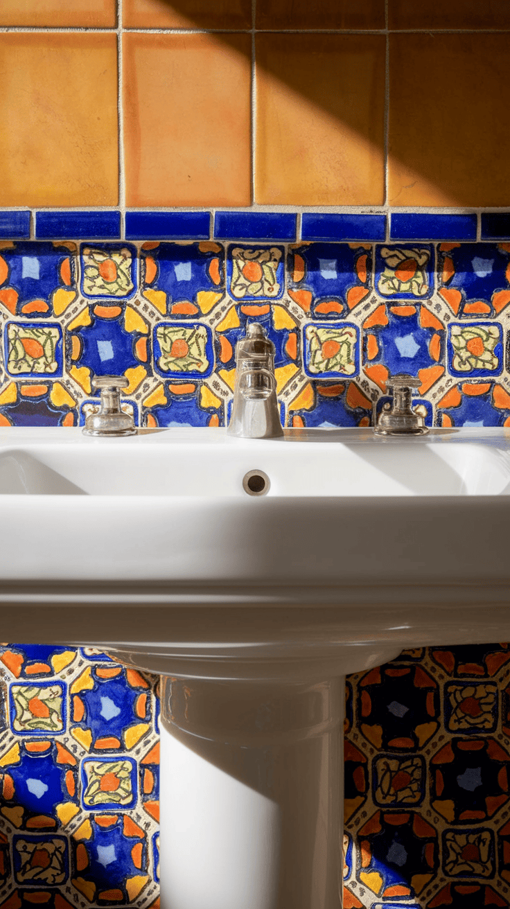 Authentic blue and yellow Talavera tiles create a stunning focal point in this Mexican style bathroom, showcasing the traditional craftsmanship of Mexican Talavera tile work.