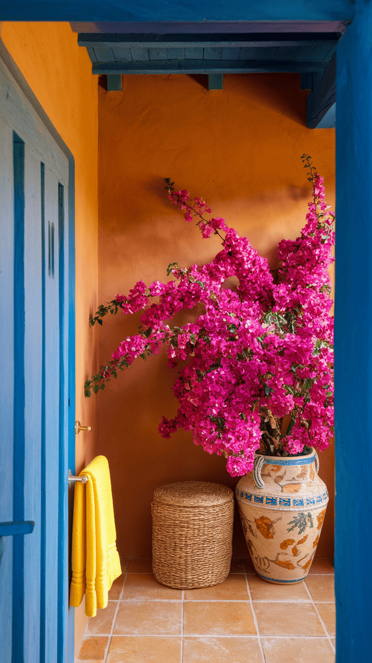 Vibrant color palette in this Mexican bathroom combines terra cotta walls with cobalt blue accents, exemplifying traditional Spanish style bathroom Mexico design principles