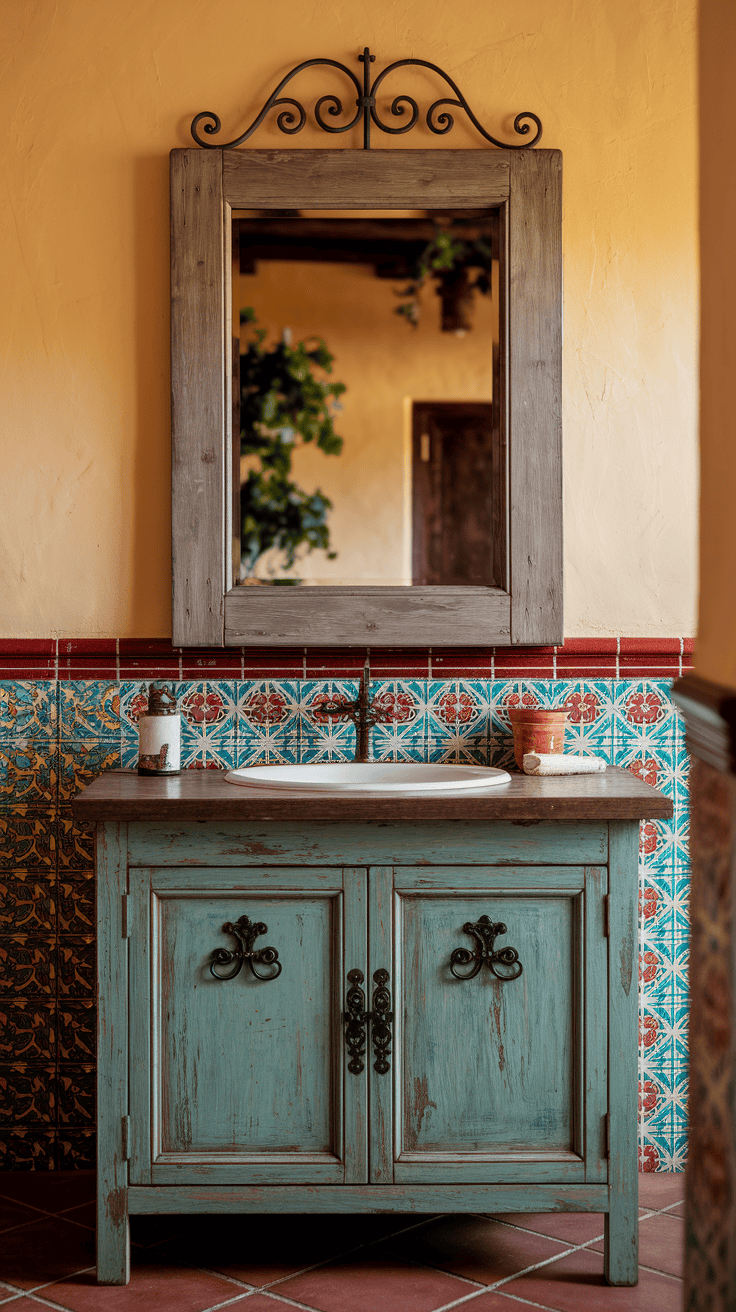 Rustic wooden vanity with wrought iron details adds authentic character to this Mexican tile bathroom, balancing natural materials with decorative elements.