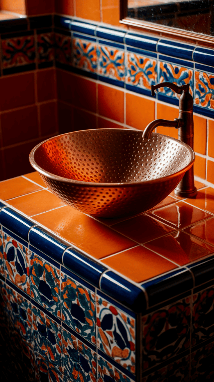 A hammered copper vessel sink sitting atop a tiled vanity in a Mexican bathroom, with water droplets visible on its surface, surrounded by colorful Talavera tiles and illuminated by warm lighting.