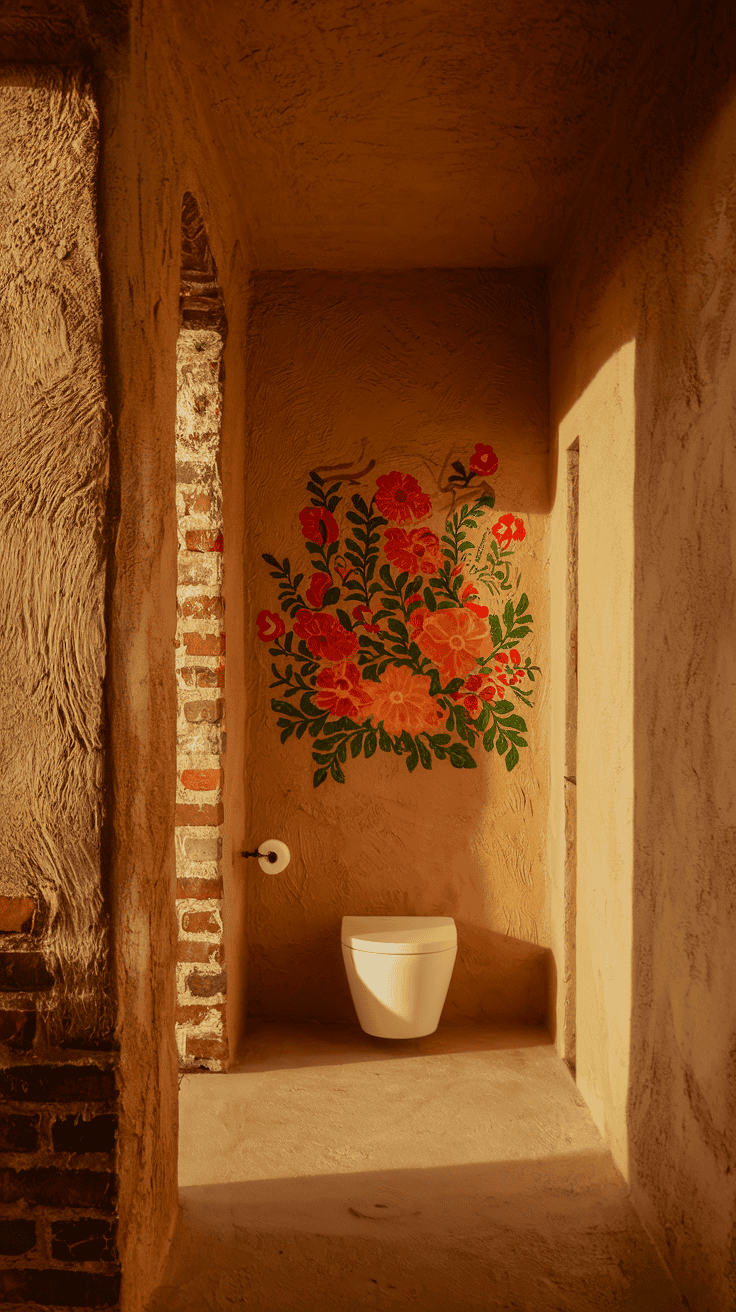 Handcrafted hammered copper sink serves as the centerpiece in this Mexican bathroom, showcasing the artisanal metalwork that's essential to authentic Mexican bathroom ideas.