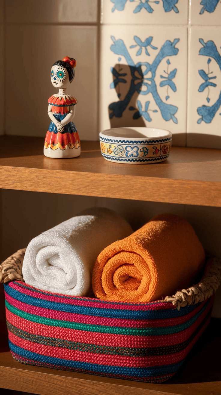 Authentic Mexican bathroom decor featuring hand-painted ceramic accessories and folk art pieces that incorporate traditional azulejo mexicano designs and craftsmanship