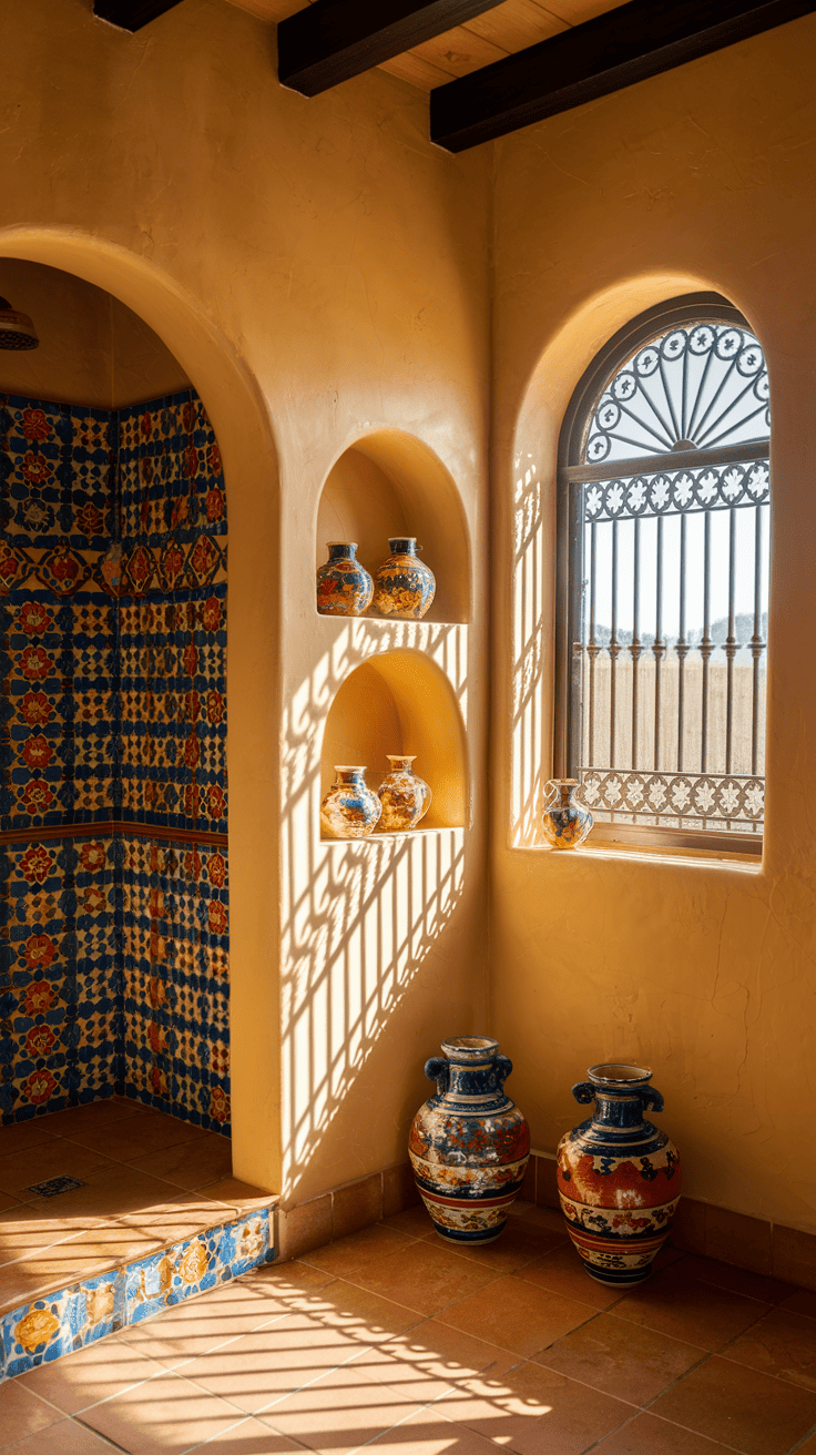 Graceful arched doorway and niches in this Talavera bathroom showcase the curved architectural elements characteristic of authentic Mexican and Spanish style bathroom Mexico design