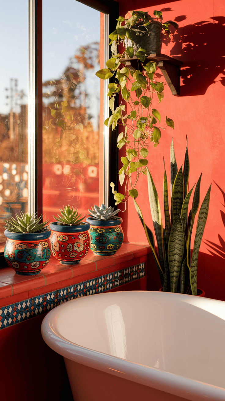 Lush greenery adds natural vibrancy to this Mexican tile bathroom, with plants displayed in colorful Talavera planters that enhance the authentic Mexican bathroom ideas