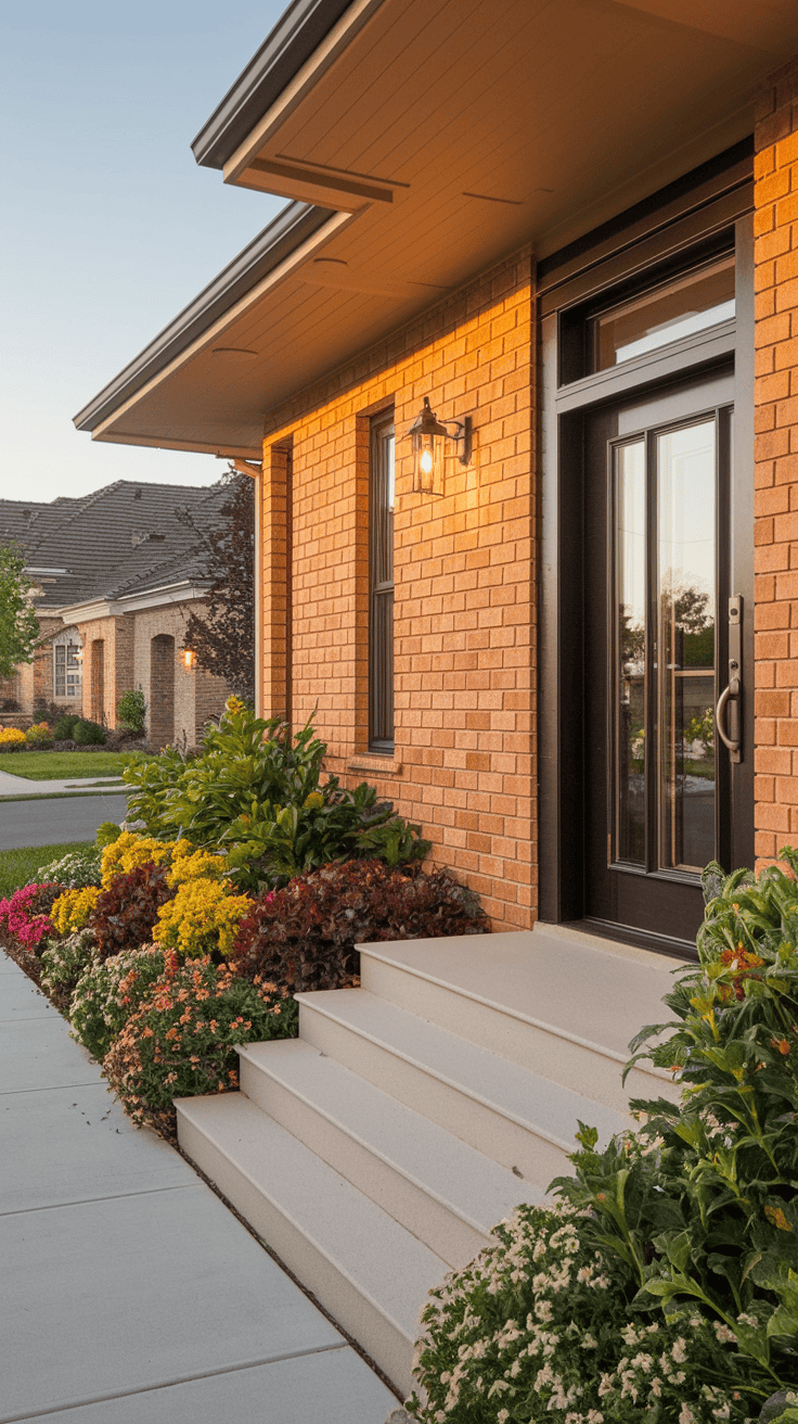 Image showcasing a house with exterior brick accents, an elegant entryway, and vibrant landscaping.