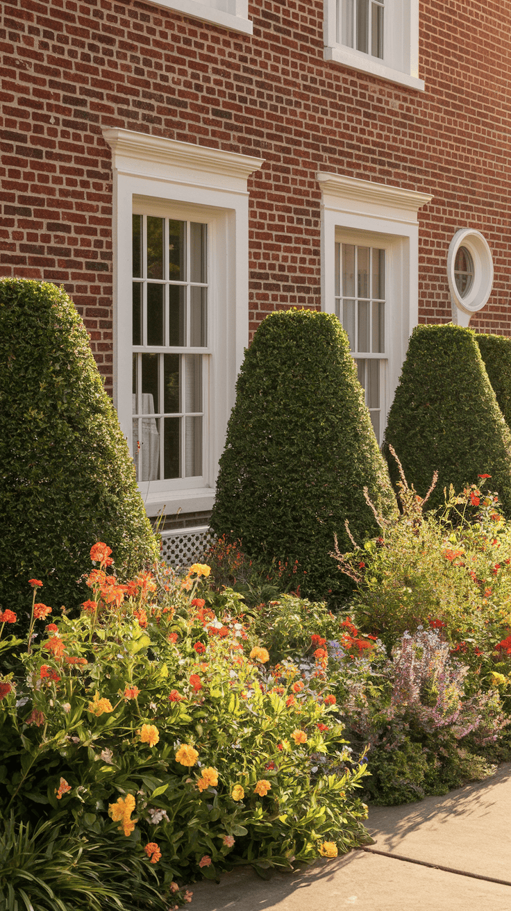 Image of a classic brick home with a beautiful exterior brick facade, contrasting trim, and vibrant landscaping.