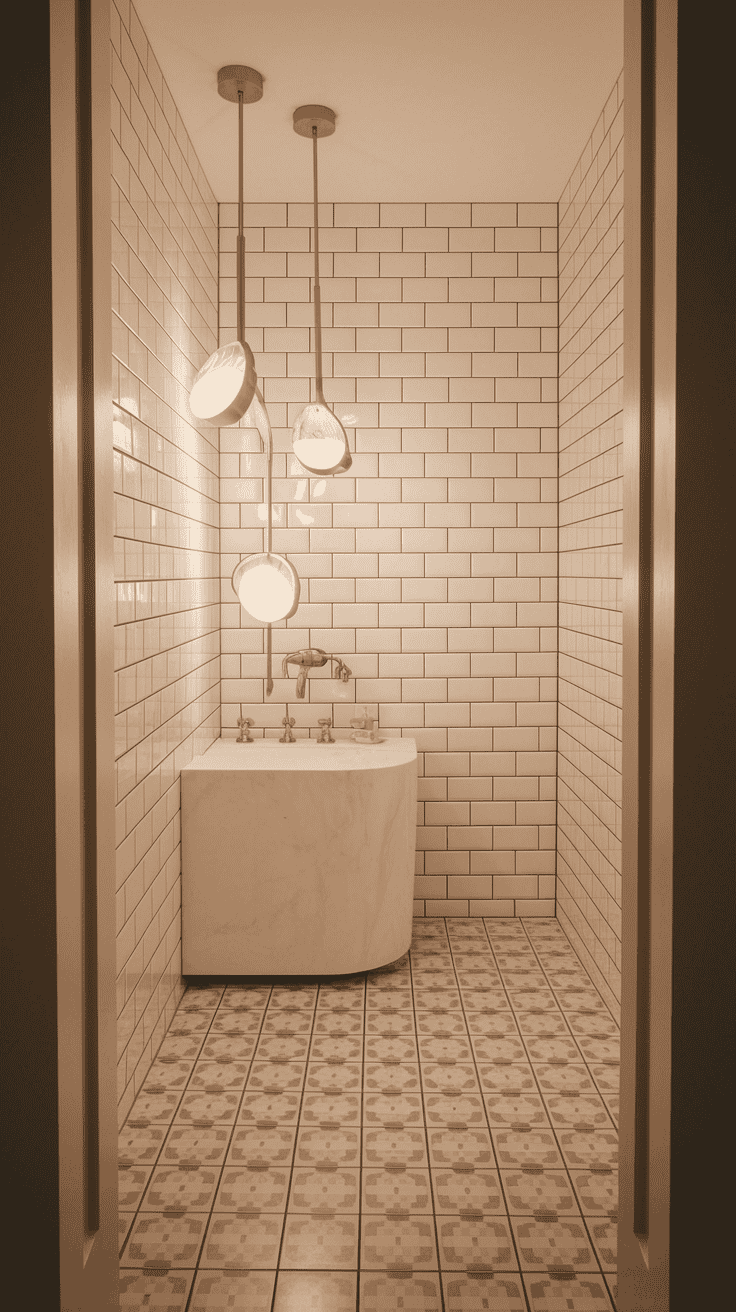 Bathroom wall tiles design featuring classic white subway tiles with modern lighting fixtures and patterned floor.