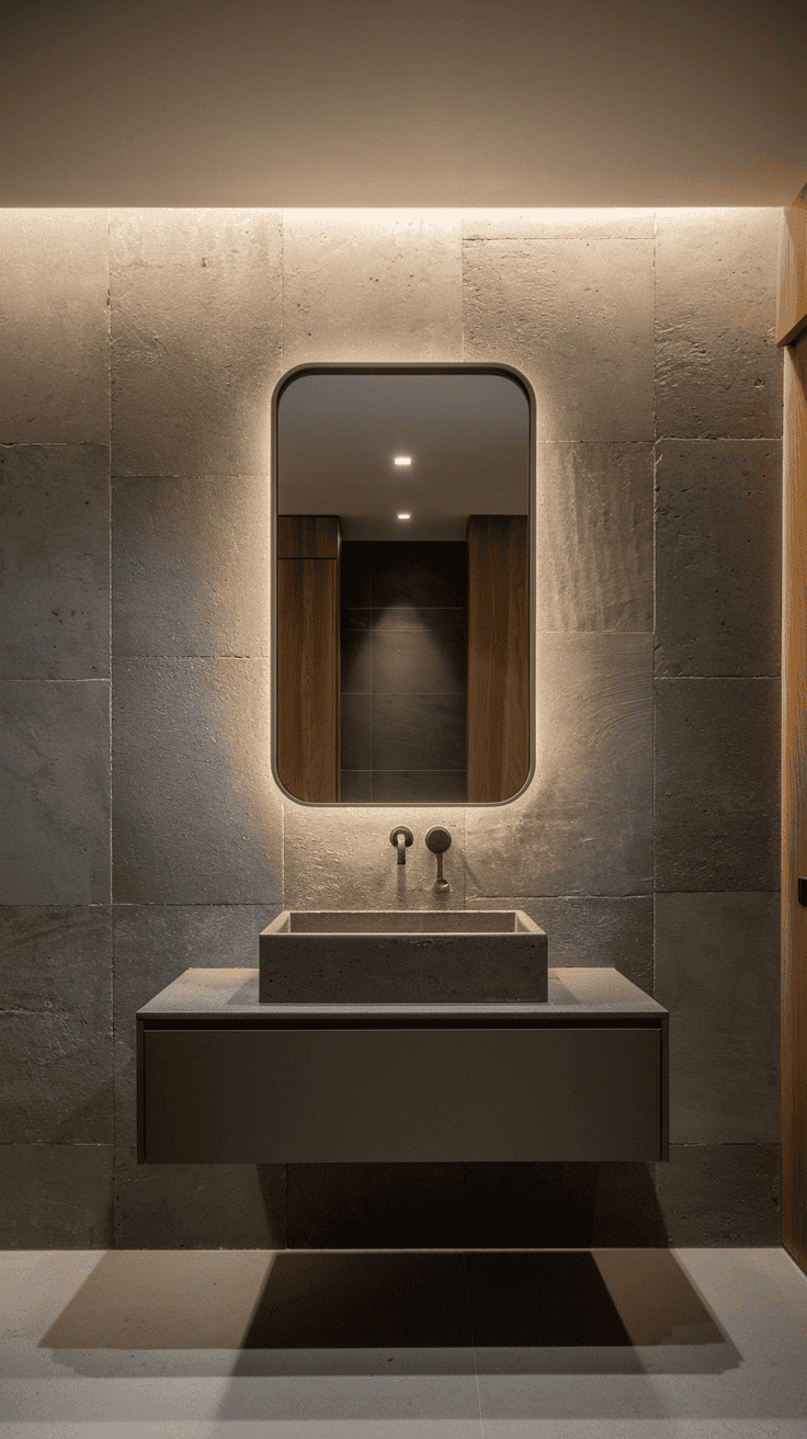 Bathroom wall tiles design with an industrial concrete look and neutral gray tones.